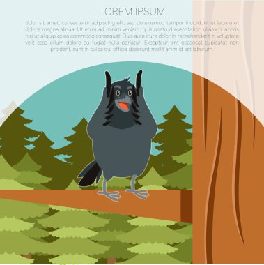 Ağaç kış düz arka plan üzerinde mutlu kuzgun