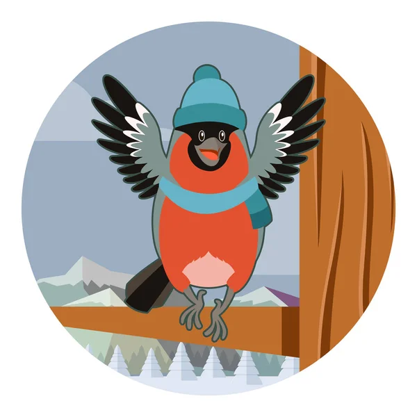 Happy Bullfinch with Hat on the winter background — Stock Vector