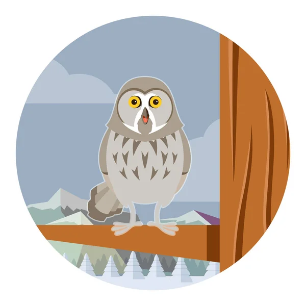 Grey Owl on the winter tree flat background — Stock Vector