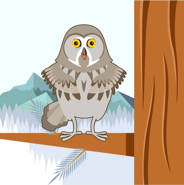 Серый сова на плоском фоне зимнего дерева — стоковый вектор