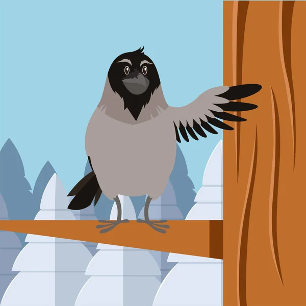 Gelukkig Crow op de winter vlakke backgrownd — Stockvector