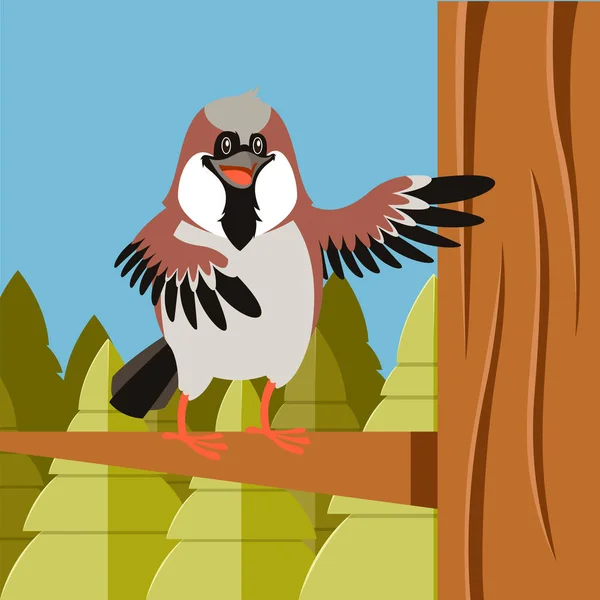 Glad Sparrow på trädet platt bakgrunden — Stock vektor