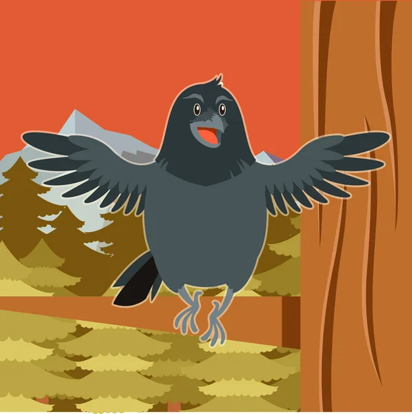 Glad Raven på träd vinter platt bakgrunden — Stock vektor