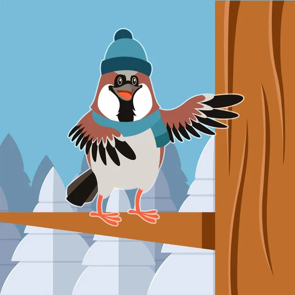 Gelukkig Sparrow met hoed op de vlakke achtergrond van boom — Stockvector