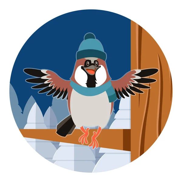 Glad Sparrow med hatt på trädet platt bakgrunden — Stock vektor