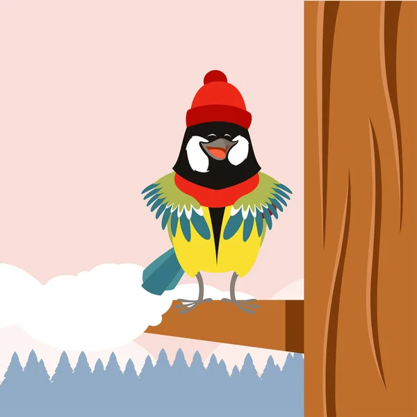 快乐山雀与帽子上树冬天平坦的背景 — 图库矢量图片