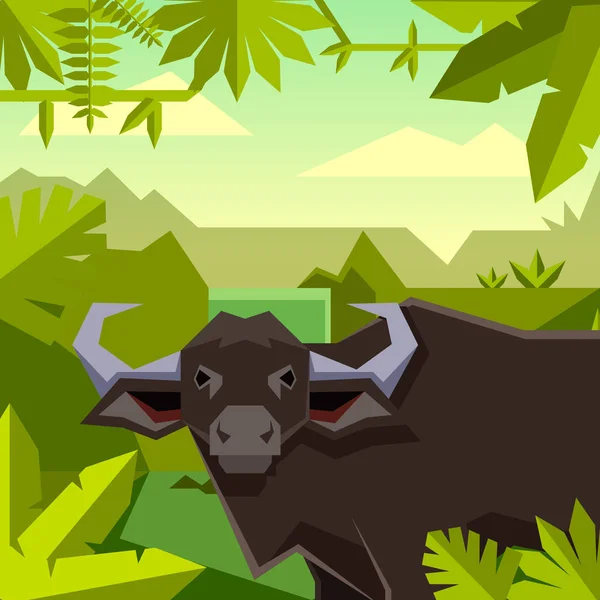 Fond jungle géométrique plat avec Buffalo — Image vectorielle