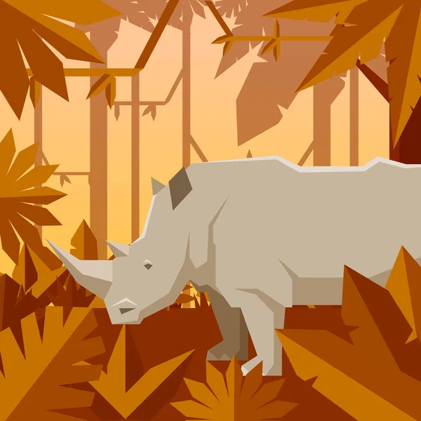 Flat geometric jungle background with Rhinoceros — Stock Vector