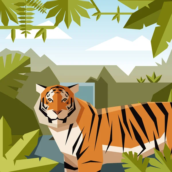 Plat geometrische jungle achtergrond met Tiger — Stockvector