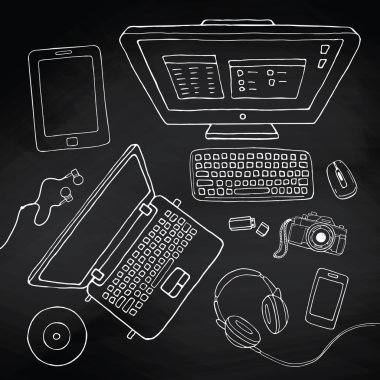 Vektör kabataslak gadget'lar ayarlayın. Dizüstü bilgisayar, bilgisayar, klavye, tablet, telefon, kamera, blackboard üzerinde müzik streaming hizmeti ile toplama.