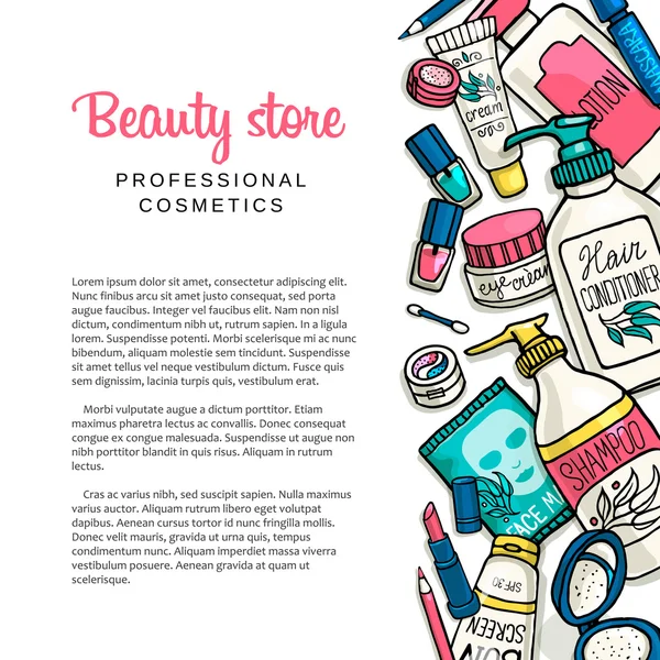 Vector dibujado a mano plantilla de productos de maquillaje. Fondo cosmético corporativo para tienda de belleza de identidad . — Archivo Imágenes Vectoriales