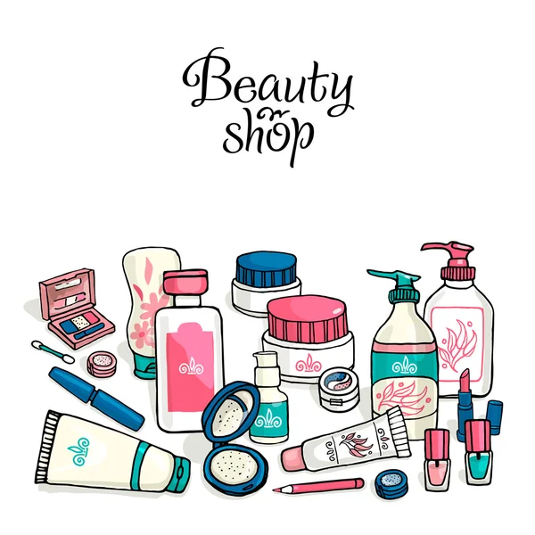 Vector hand drawn template make-up products. Cosmetics background corporate for identity beauty shop. — Stock Vector