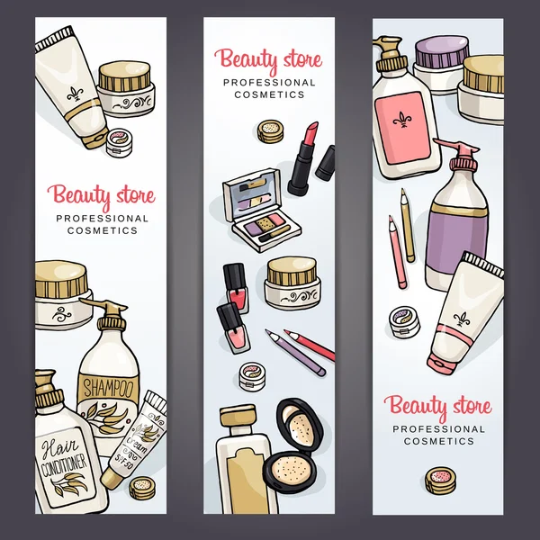 Vector sketchy cosméticos banners verticais com maquiagem e produtos de cuidados com o corpo para loja, spa . —  Vetores de Stock