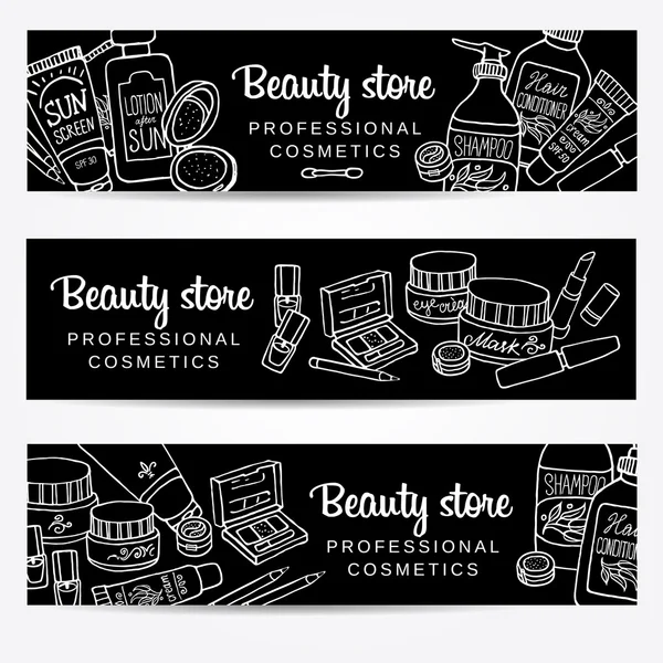 Vector sketchy cosmetics horizontal banners set with make up and body care products for shop, spa salon. Illustration on blackboard — Stock Vector