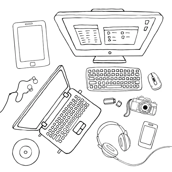 Vector engenhocas esboçadas definido. Ilustração com laptop, pc, teclado, tablet, telefone, câmera, serviço de streaming de música isolado em branco . — Vetor de Stock