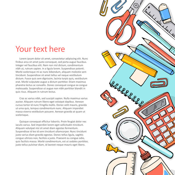 Векторный скетч на школьном фоне. Шаблон канцелярских принадлежностей, изолированный поверх белого с копипространством
.