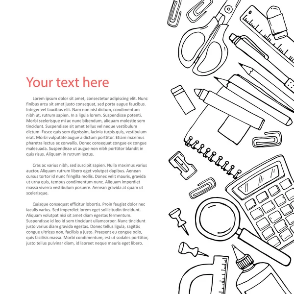 Esboço vetorial de volta ao fundo da escola. Doodle ilustração de artigos de papelaria isolados sobre branco com copyspace . —  Vetores de Stock