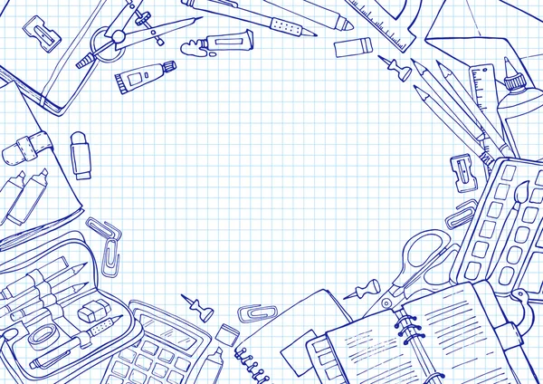 Vektor-Skizze zurück zum schulischen Hintergrund. Doodle Illustration von Papeterie auf kariertem Papier mit Copyspace. — Stockvektor