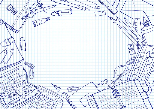 Vektör çizimi okul geçmişine geri dön. Copyspace ile kare kağıt üzerinde kırtasiye Doodle illüstrasyon.