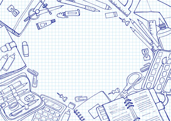 矢量草图回到学校背景。带复印空间的方形纸面上文具的涂鸦插图. — 图库矢量图片