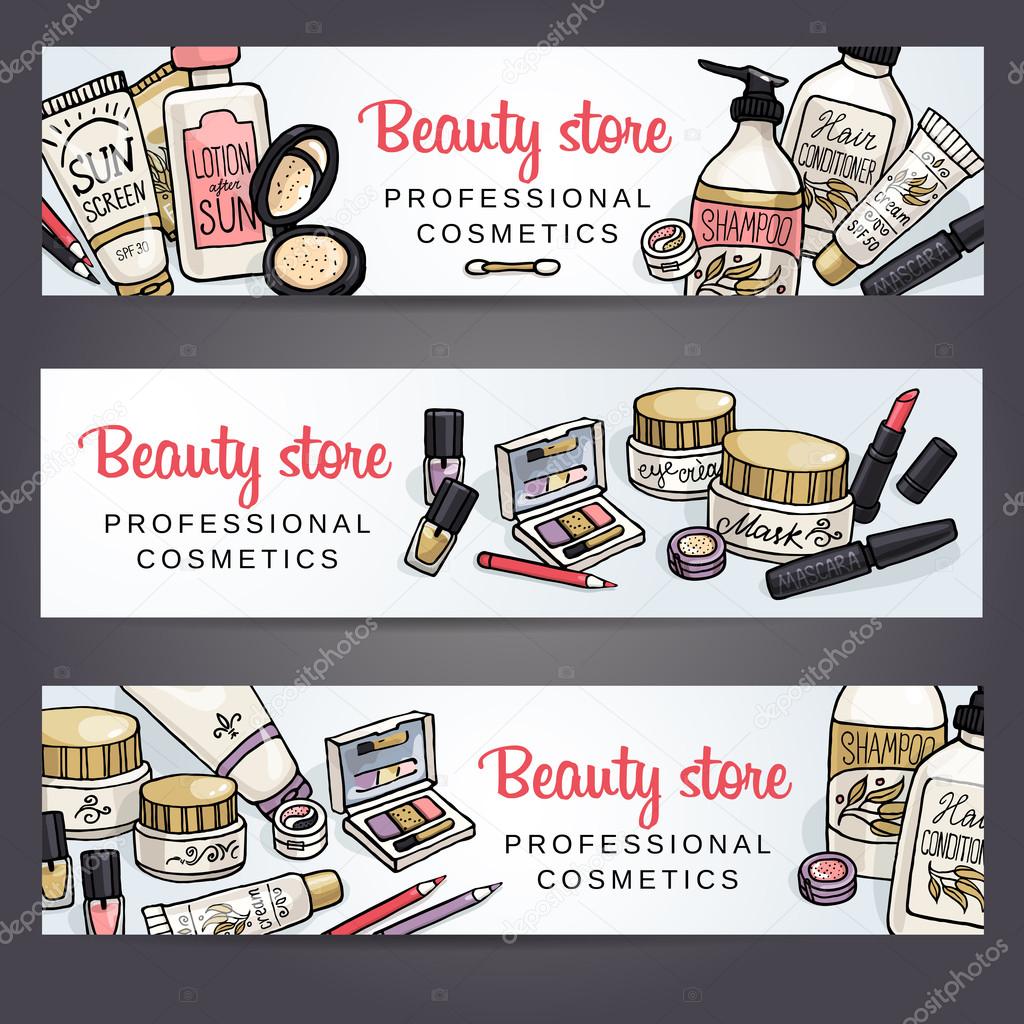 Vector sketchy cosmetics horizontal banners set with make up and body care products for shop, spa salon.