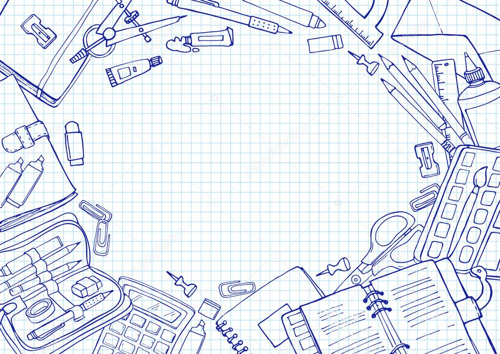 Vector sketch back to school background. Doodle illustration of stationery on squared paper with copyspace.