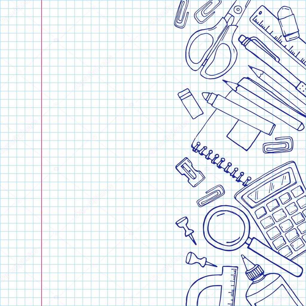 Vector sketch back to school background. Doodle illustration of stationery on squared paper with copyspace.