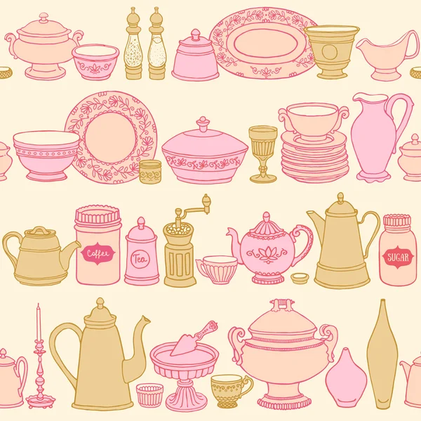 Shabby elegante cocina vector patrón sin costuras con artículos de cocina. Fondo dibujado a mano de platos en estilo retro  . — Archivo Imágenes Vectoriales