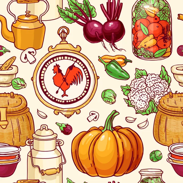 El çizilmiş rustik sebzeler, konserve, yemekler ile Vektör dikişsiz desen. Retro tarzda kabataslak ülke arka planı — Stok Vektör