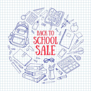 Okul illüstrasyon şablon kare kağıt üzerinde başa doodle. Grafik tasarım, web afiş ve basılı materyaller için ileti örneği ile yarım yamalak kavramları.
