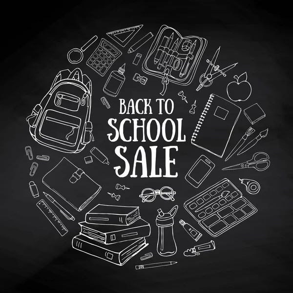 Back to school sale template with school object. Doodle stationary illustration on blackboard. — Stock Vector