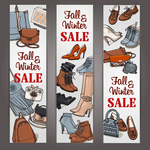 Ілюстрація жіночого взуття та набору мішків для продажу. Шаблони колекцій осінньої зимової моди — стоковий вектор