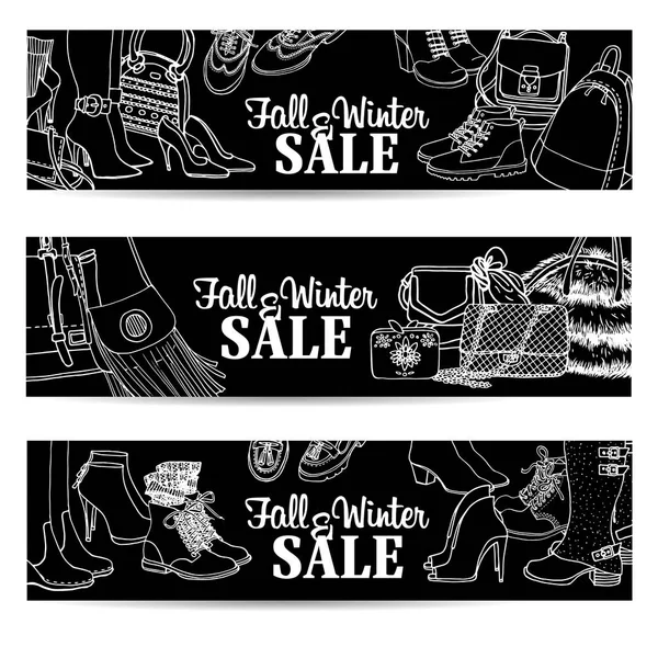 Illustrazione di scarpe e borse femminili set di banner in vendita sulla lavagna. Modelli collezione moda autunno inverno — Vettoriale Stock