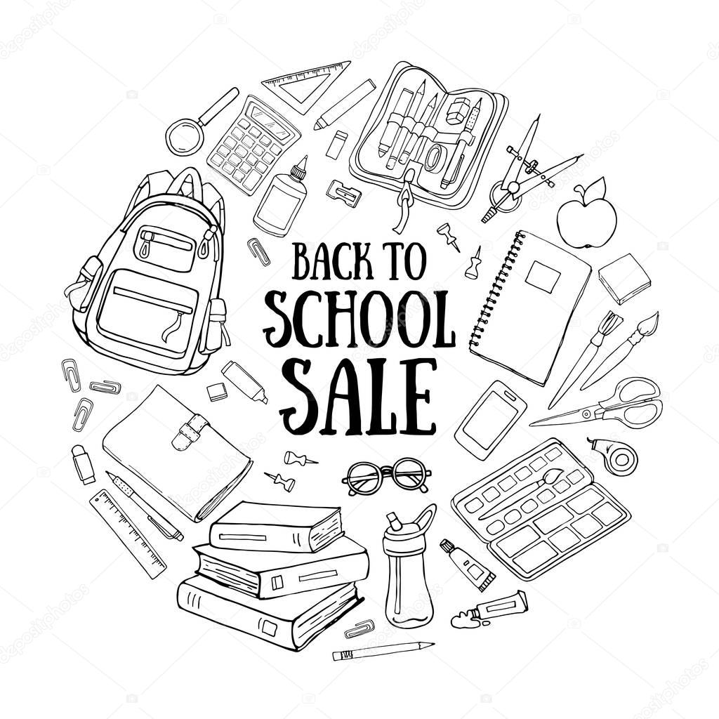 Back to school doodle illustration template isolated on white background. Sketchy concepts with stationery for graphic design, web banner and printed materials.