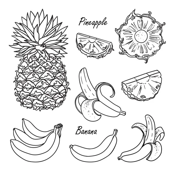 Colección de frutas tropicales: piña, plátano aislado sobre blanco — Vector de stock
