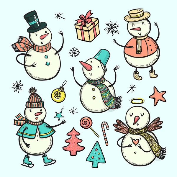 Vektor Doodle Illustration Set von Winterurlaub Schneemann mit Weihnachtsbaum, Süßigkeiten, Schneeflocken, Geschenke. lustige Schneemänner in verschiedenen Kostümen isoliert auf weißem Hintergrund. — Stockvektor