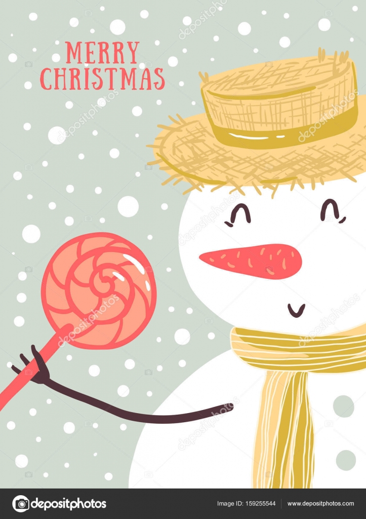 Disegno della cartolina di Natale con pupazzo di neve divertente vacanze candy fiocchi di neve di vettore Natale e anno nuovo sfondo di colore pastello