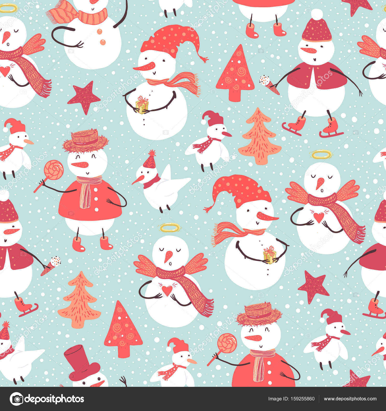 Reticolo di vacanze degli uccelli e pupazzo di neve divertente vestiti in costumi diversi con albero di Natale regali harts Natale e Capodanno colori