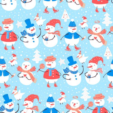 Vektör tatil desenle kardan adam, yılbaşı ağacı, şeker, kuşlar, kar taneleri, hediyeler. Noel ve yeni yıl şablon tasarımı için.