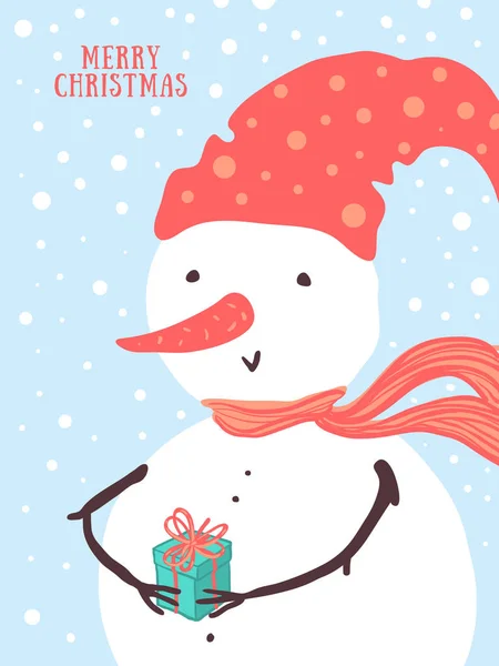 Conception vectorielle de carte de Noël avec des vacances bonhomme de neige drôle, cadeau, flocons de neige. Noël et Nouvel An fond pour le design — Image vectorielle