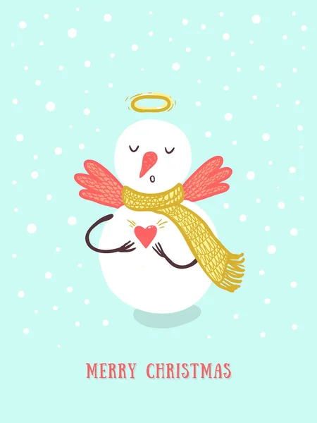 Kartka świąteczna projektu z wakacje zabawny bałwan, anioł, płatki śniegu, hart. Boże Narodzenie i nowy rok tło dla projektu — Wektor stockowy