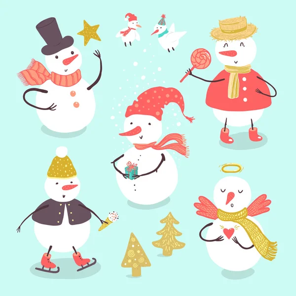 Векторна ілюстрація свят сніговика з ялинкою, цукерками, сніжинками, подарунком. Різдвяний та новорічний набір для дизайну . — стоковий вектор