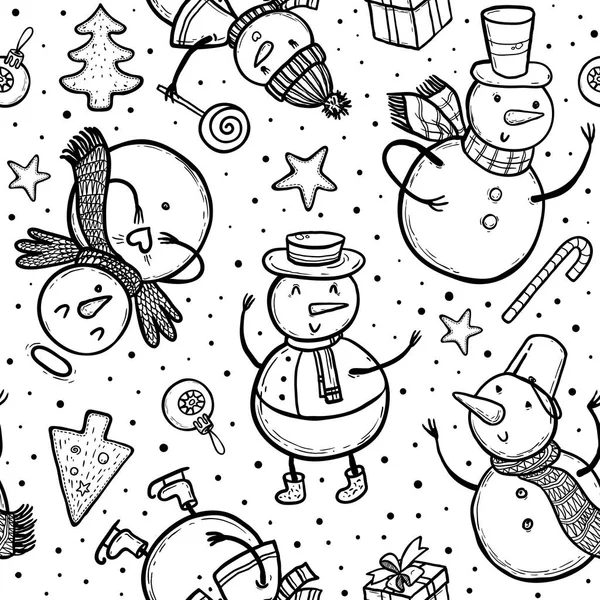 Каракулі ілюстрація святкового візерунка зі сніговиком — стоковий вектор