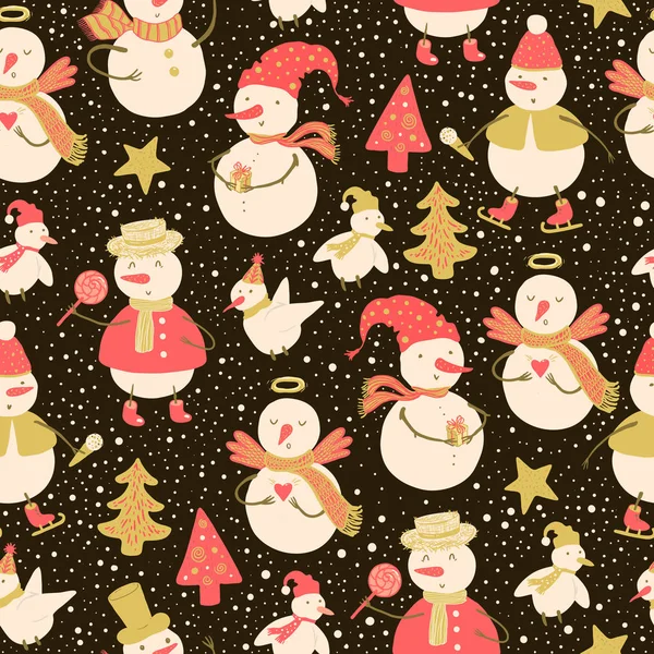 Ferie mønster af sjove snemand og fugle Royaltyfrie stock-illustrationer