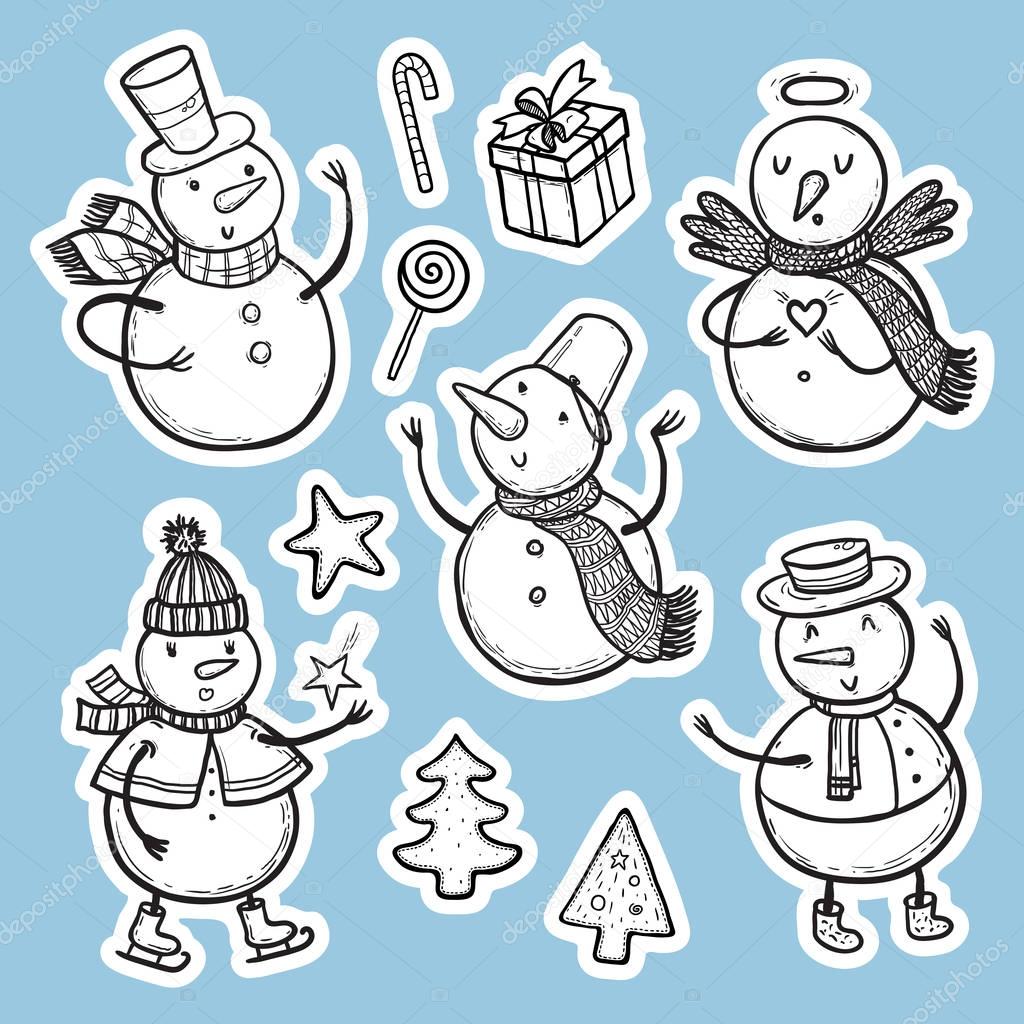 Vector illustration Christmas and New Year set of holidays stickers with snowman, Christmas tree, candy, snowflakes, gifts.