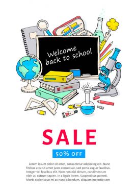 Geri okul Satılık el ilanı templat için. Kırtasiye ürünleri illüstrasyon.
