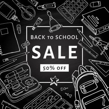 Okul Satılık el ilanı şablona geri kara tahta üzerinde.