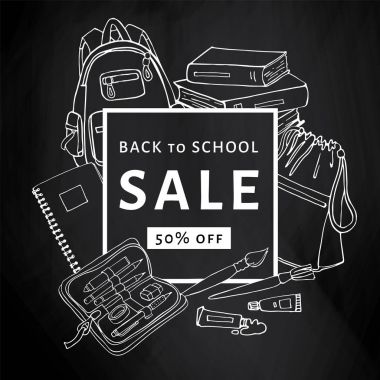 Geri okul satış banner şablon için yazı tahtası üzerinde.