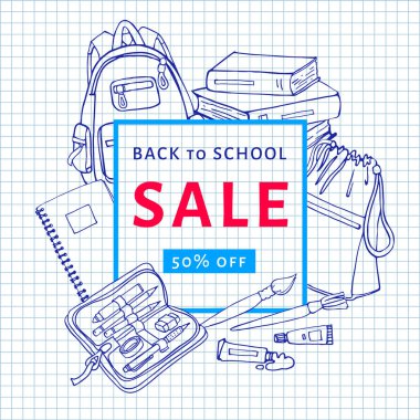 Okula geri satış flyer şablonu meydanında alıştırma kitabı kaplı..