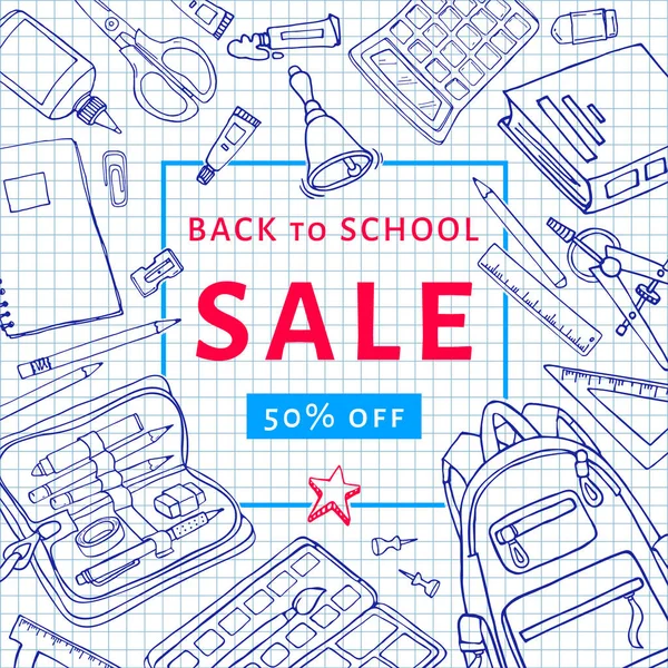 Back to school sale flyer template on square lined exercise book. — Stock Vector